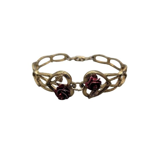 The Art of Beauty Cuff Bangle Bracelet Double Red Rose Buds Gold Tone Size 7 - Picture 16 of 16